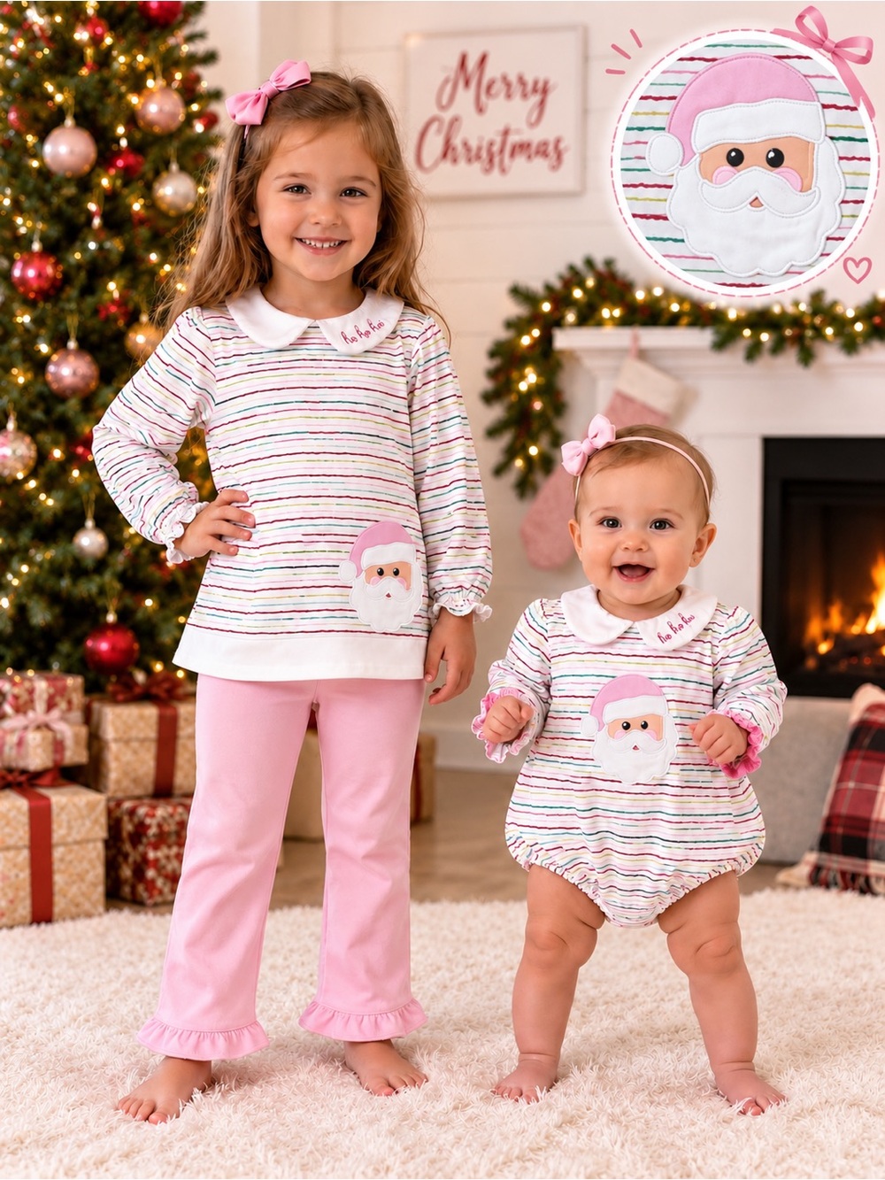 Busy Bees Smocks Santa Christmas Sister Set Girls Shirt Sz 5 Bubble Sz 9M